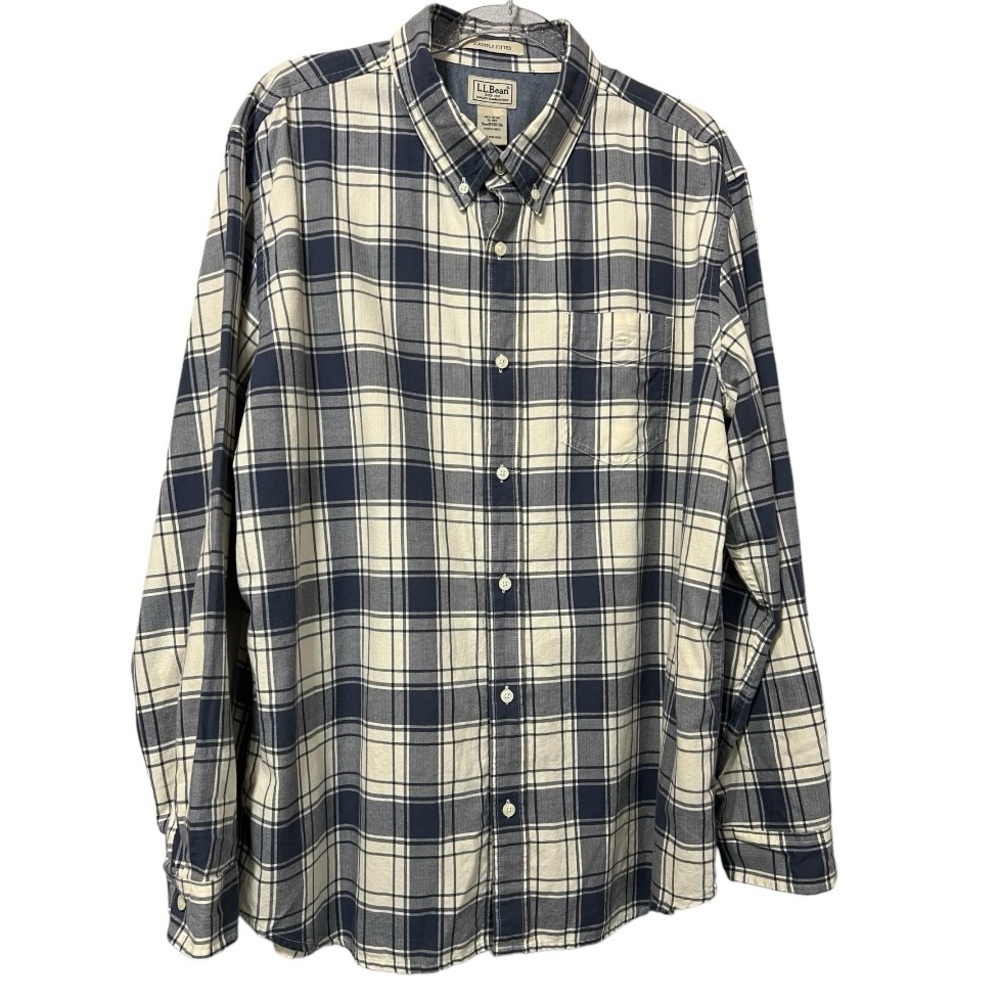 L.L.Bean Long Sleeve Blue & White Plaid Flannel Shirt Button Down Size XL-Reg